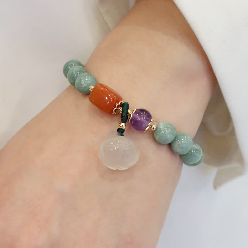 Bracelet de guérison en cristal d'améthyste avec boucle de paix et lotus en jade cyan et citrouille