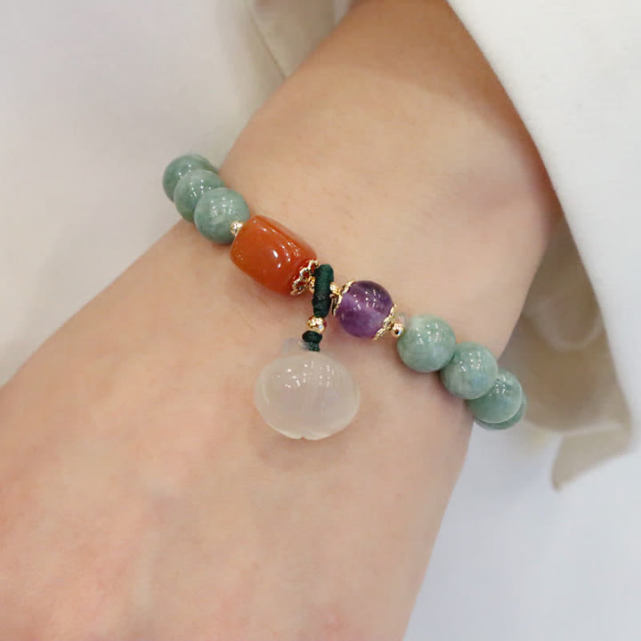 Bracelet de guérison en cristal d'améthyste avec boucle de paix et lotus en jade cyan et citrouille
