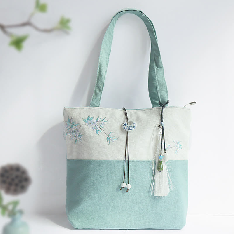 Sac à bandoulière en toile brodée de bambou avec fleur de poire, prunier, fleur de pêcher, grande capacité, sac fourre-tout - Fleur de poirier verte et blanche - image 0