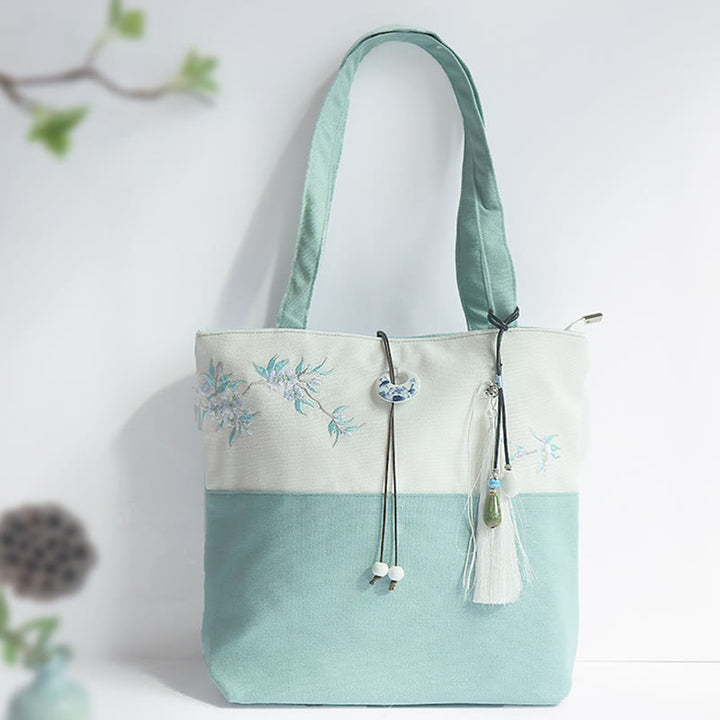 Sac à bandoulière en toile brodée de bambou avec fleur de poire, prunier, fleur de pêcher, grande capacité, sac fourre-tout - Fleur de poirier verte et blanche - image 0