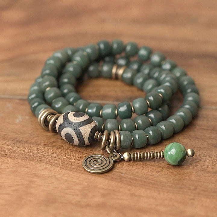 Bracelet triple tour en perles de Bodhi Dzi cyan avec perles de sagesse et de paix