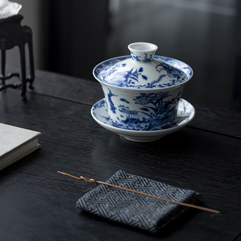 Buddha Stones Porcelaine Bleue et Blanche Lotus Koi Poisson Danse du Lion Pastèque Céramique Gaiwan Sancai Tasse à Thé Kung Fu Tasse à Thé Et Soucoupe Avec Couvercle 300 ml
