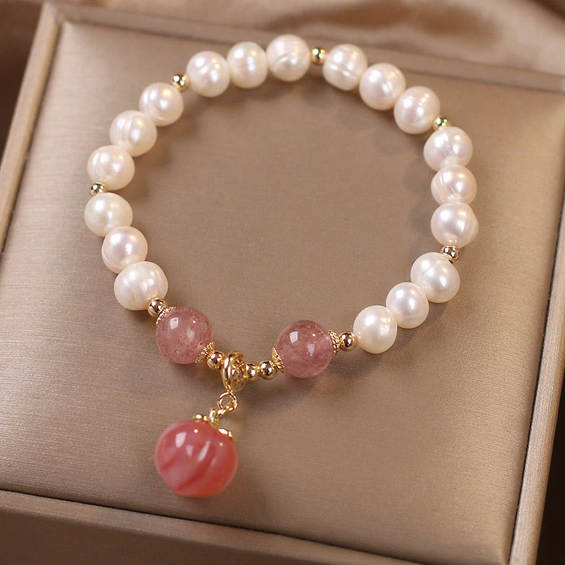Bracelet à Buddha Stones en perles naturelles et quartz fraise, pêche, amour, cœur, sagesse
