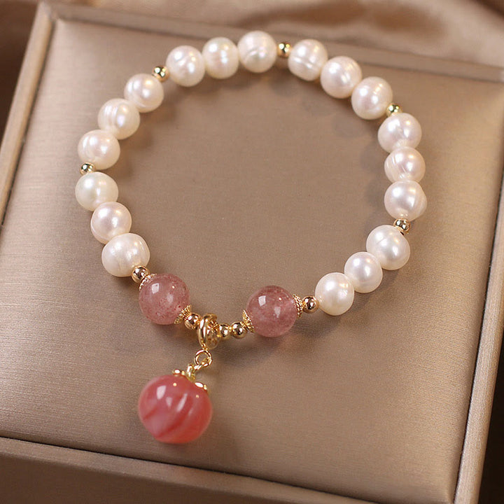 Bracelet à Buddha Stones en perles naturelles et quartz fraise, pêche, amour, cœur, sagesse