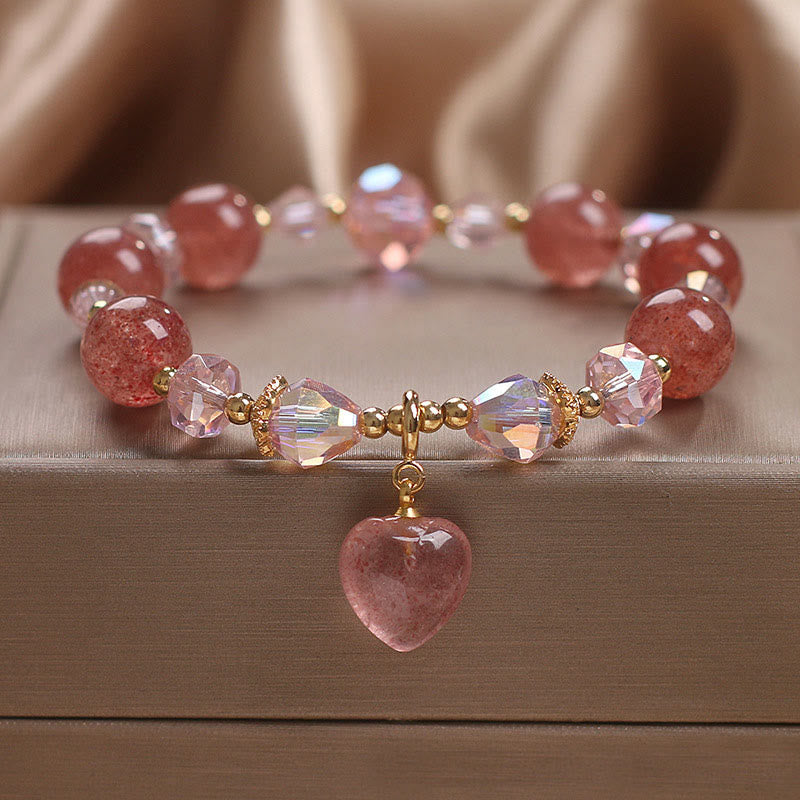 Bracelet de guérison positif en cristal de quartz fraise naturel Buddha Stones Love Heart