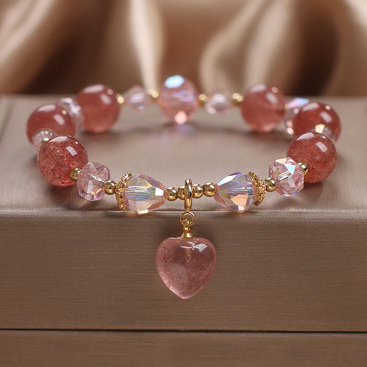Bracelet de guérison positif en cristal de quartz fraise naturel Buddha Stones Love Heart