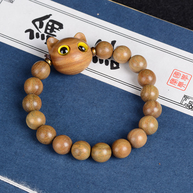 Bracelet d'équilibre en forme de chat avec Buddha Stones en bois d'ébène, bois de santal vert et bois de santal rouge - Perles de santal vert chat 10 mm x 15 (tour de poignet 14-16 cm) - image 4