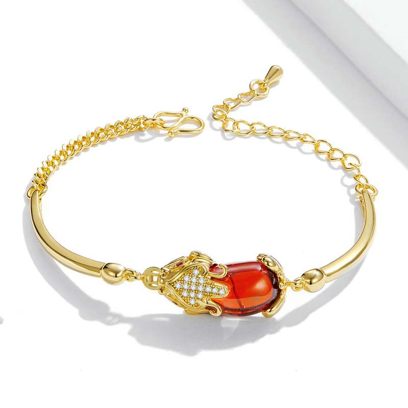 Bracelet Feng Shui en agate rouge dorée PiXiu pour la richesse et la chance