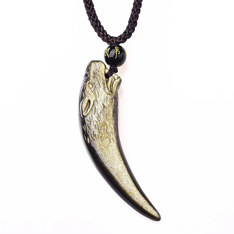 Buddha Stones Obsidienne noire naturelle Obsidienne de glace Obsidienne arc-en-ciel Motif dent de loup Collier force Pendentif