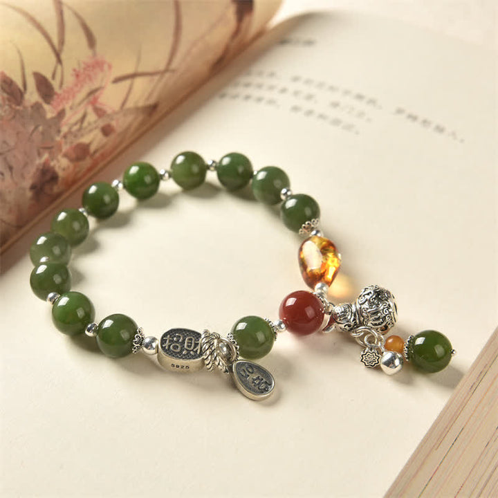 Bracelet de réussite en argent sterling 925 Buddha Stones et jade cyan Hetian