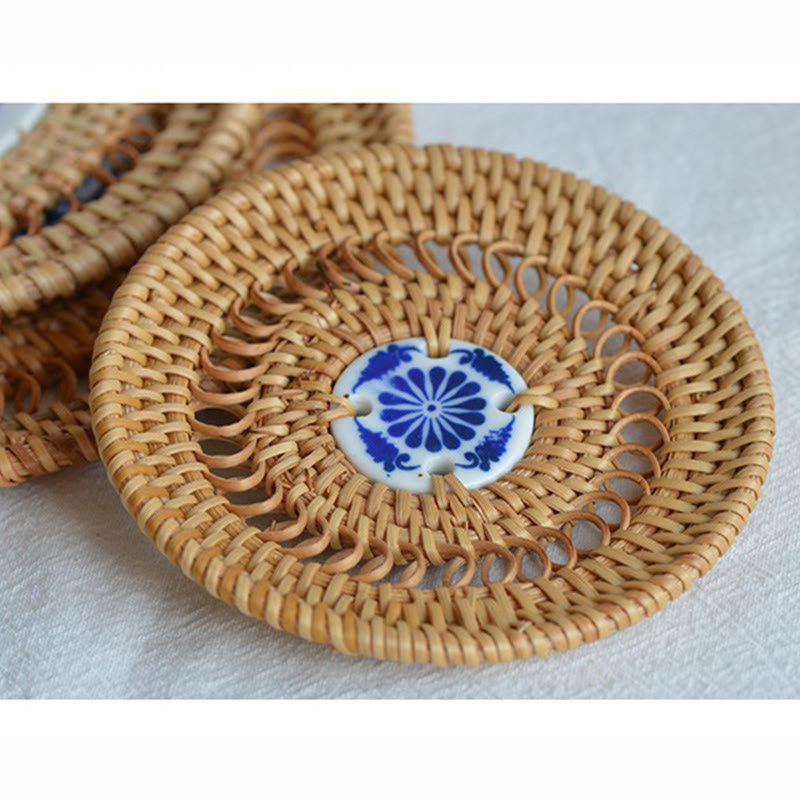 Dessous de verre en rotin à motif de fleurs en céramique