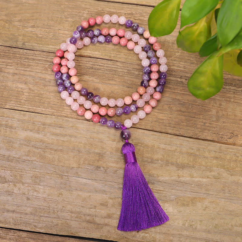 Bracelet de guérison spirituelle à pampilles en améthyste et quartz rose avec 108 perles de Mala Buddha Stones