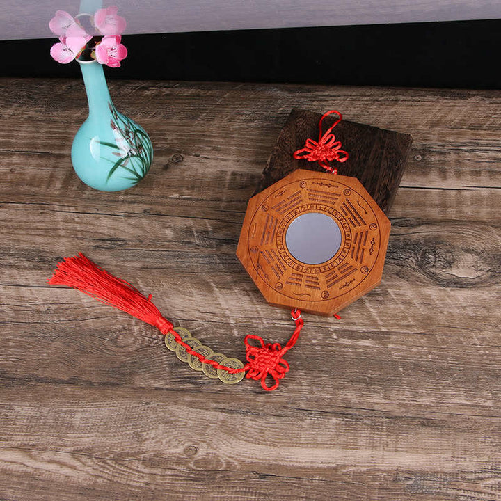 Carte Feng Shui Bagua Pièces de monnaie des cinq empereurs en bois de pêche Nœud chinois Carte énergétique d'équilibre Miroir - 20 x 2 cm - Miroir concave - Carte Bagua et cinq pièces de monnaie impériales - image 3