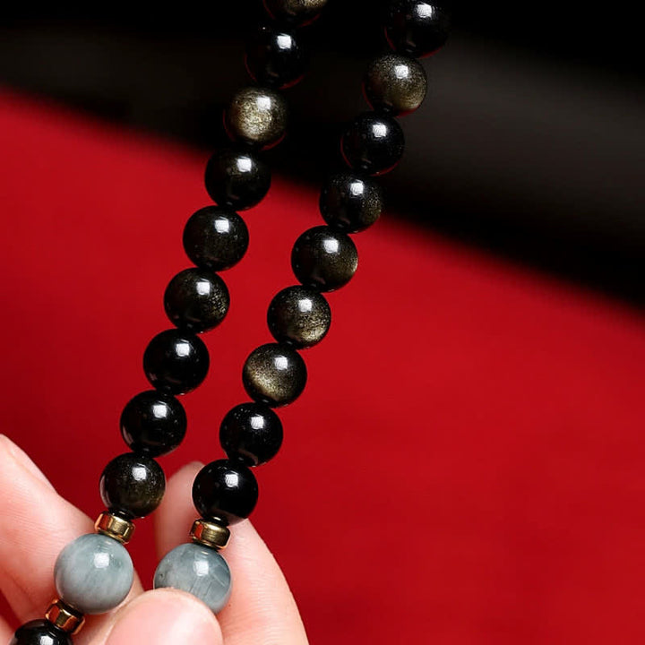 Bracelet de richesse en pierre d'oeil de tigre et d'aigle avec 108 Buddha Stones de Mala en obsidienne dorée brillante