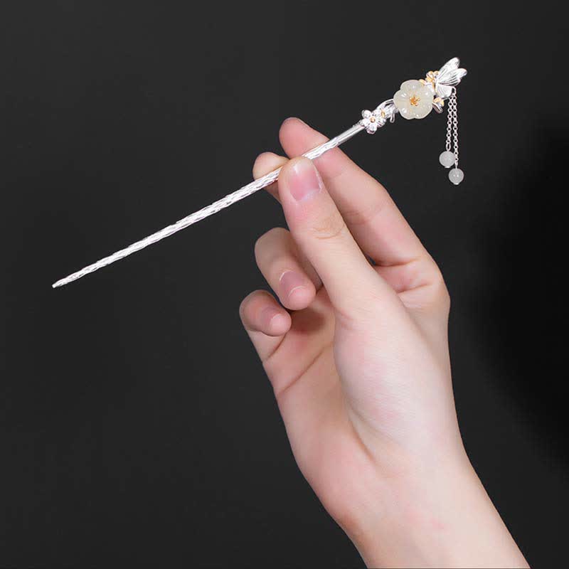 Épingle à cheveux en argent sterling 925 avec fleur de jade blanc Hetian