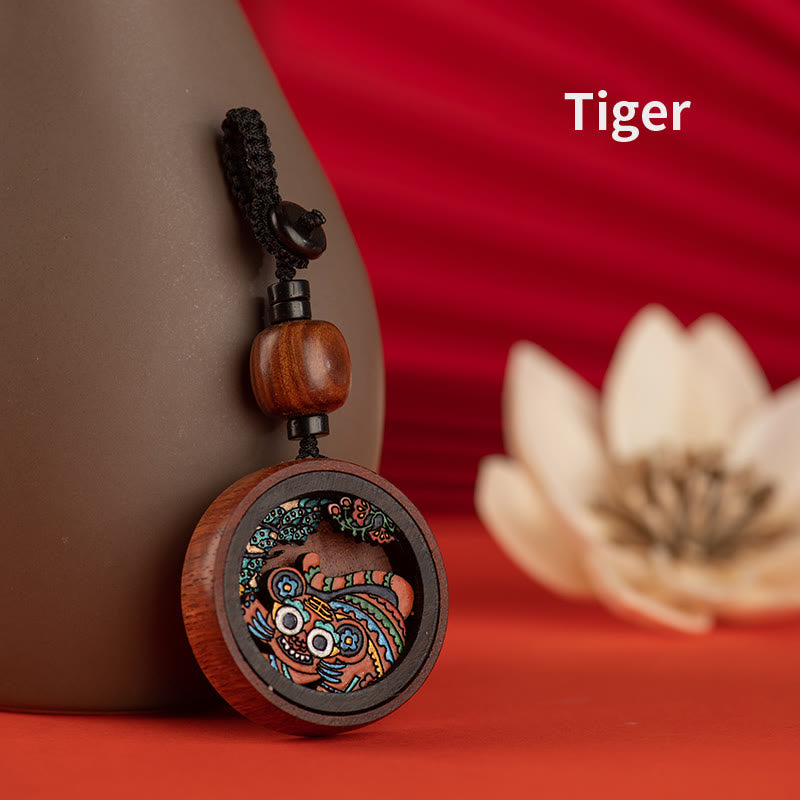 Porte-clés sculpté à la main en bois de rose avec Buddha Stones Année du Dragon Zodiaque chinois peint à la main