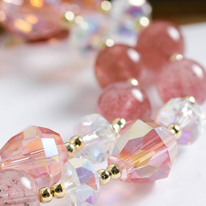 Bracelet double tour de guérison en quartz fraise et zircon en forme de fleur de Buddha Stones
