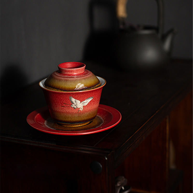 Tasse à thé et soucoupe en céramique Gaiwan Sancai avec couvercle et Buddha Stones rouge de bon augure