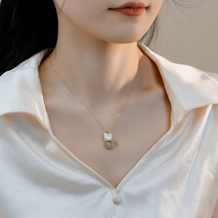 Collier avec pendentif en forme de chat porte-bonheur en jade Hetian plaqué or 14 carats avec Buddha Stones - image 7