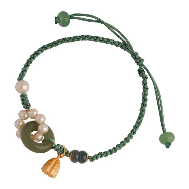 Bracelet tressé artisanal en Buddha Stones Hetian naturel avec boucle de paix et perles de chance