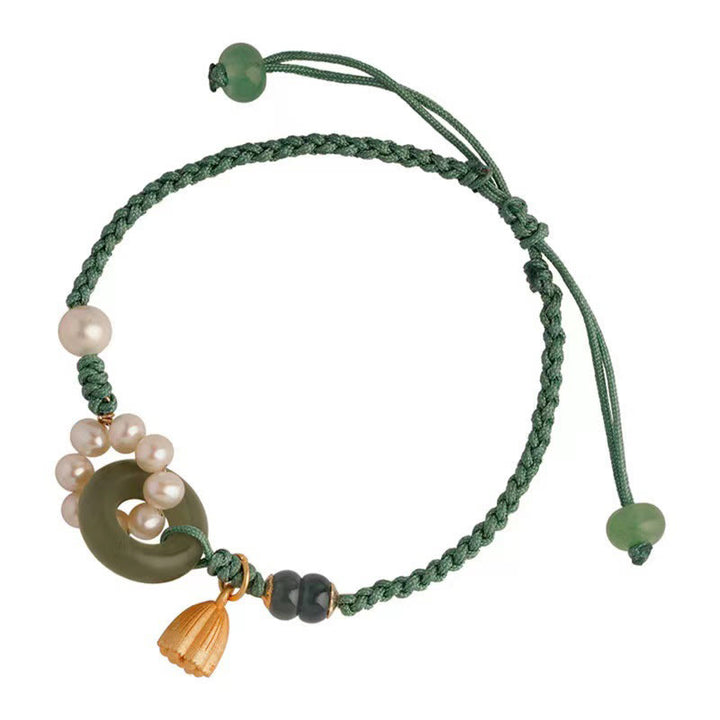Bracelet tressé artisanal en Buddha Stones Hetian naturel avec boucle de paix et perles de chance