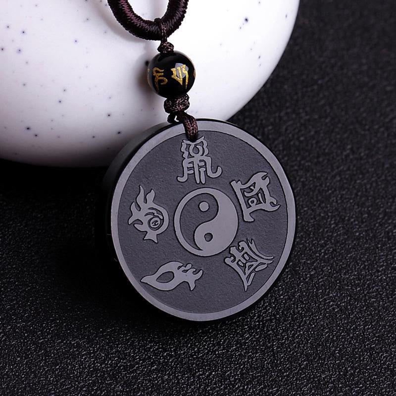 Buddha Stones Obsidienne Noire Naturelle Taoïsme Cinq Montagnes Sacrées Mantra à Neuf Caractères Sculpté Force Yin Yang Collier Pendentif Porte-clés - Obsidienne noire et ficelle - image 1