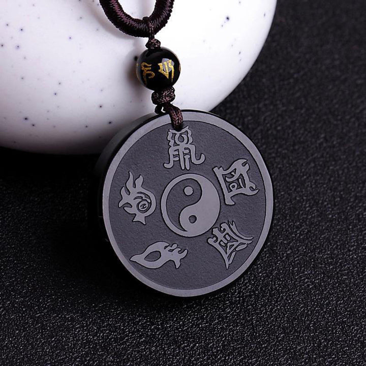 Buddha Stones Obsidienne Noire Naturelle Taoïsme Cinq Montagnes Sacrées Mantra à Neuf Caractères Sculpté Force Yin Yang Collier Pendentif Porte-clés - Obsidienne noire et ficelle - image 1
