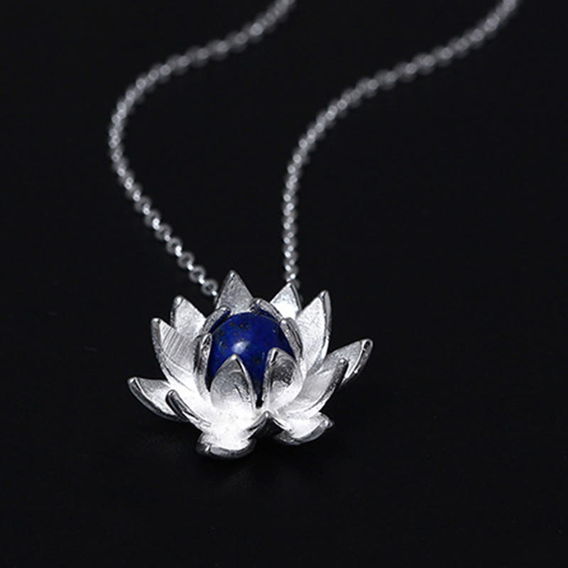 Collier pendentif fleur de lotus en argent sterling 925 avec Buddha Stones et lazurite