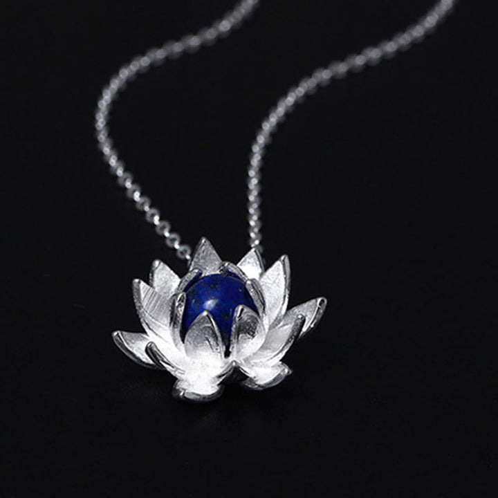 Collier pendentif fleur de lotus en argent sterling 925 avec Buddha Stones et lazurite