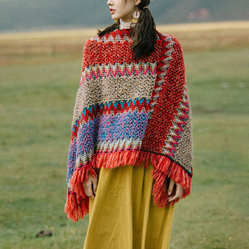 Buddha Stones, châle tibétain, cape chaude, écharpe tibétaine à pompons - Pull rouge - image 13