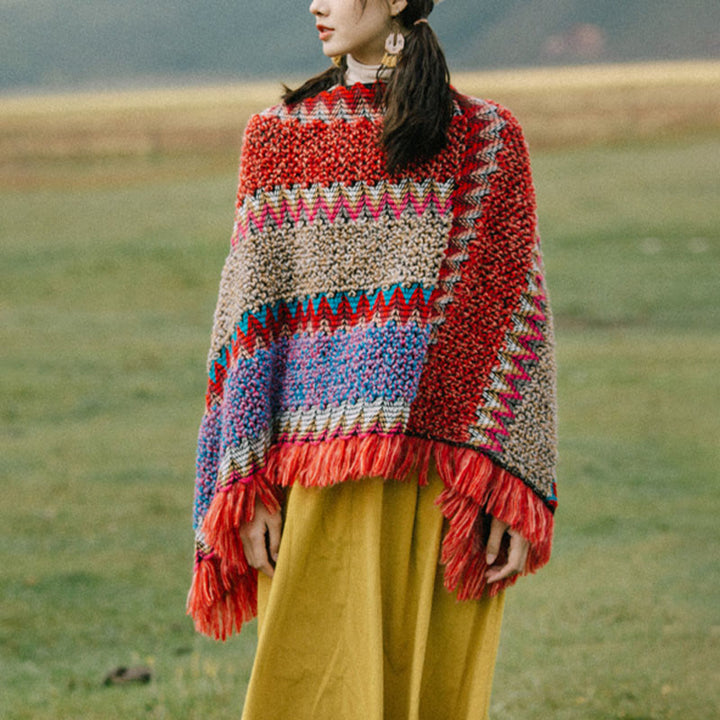 Buddha Stones, châle tibétain, cape chaude, écharpe tibétaine à pompons - Pull rouge - image 13