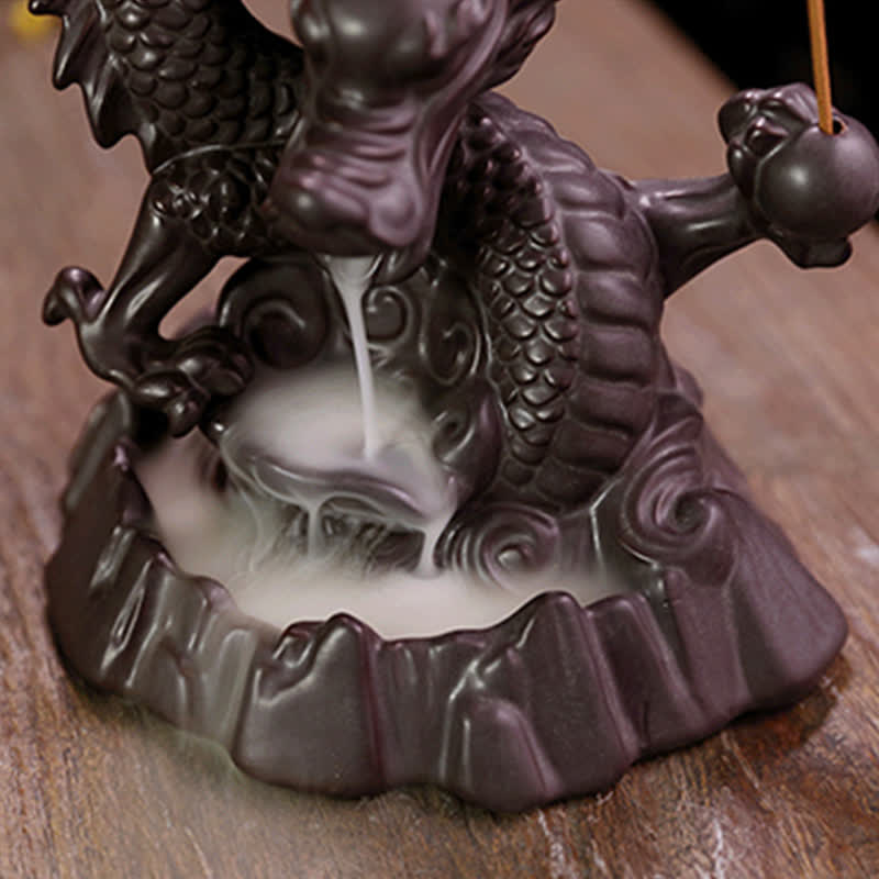 Fontaine à fumée à reflux en céramique avec Buddha Stones et dragon de bon augure, brûleur d'encens de guérison et de méditation, boule à LED décorative