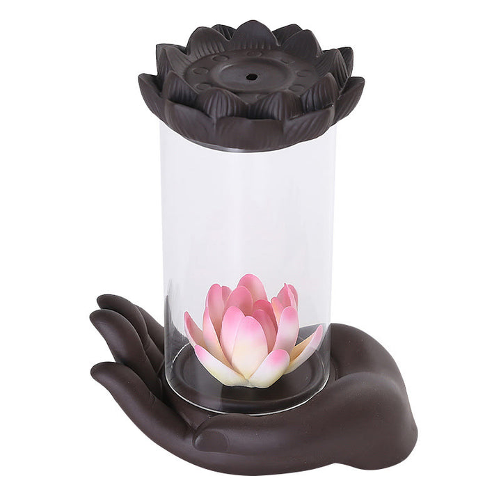 Buddha Stones Main de Bouddha Lotus Illumination Lumière LED Brûleur d'encens en céramique en argile violette Décoration