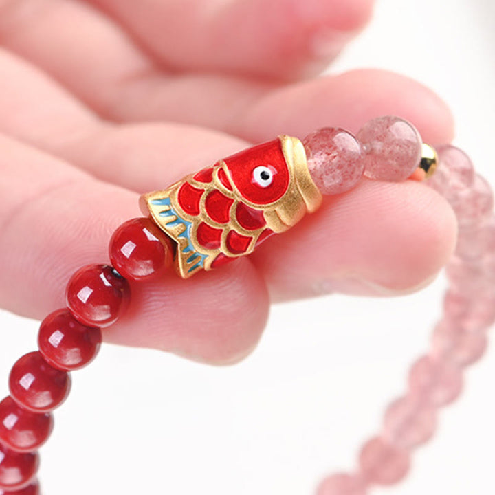 Bracelet de guérison porte-bonheur en quartz fraise et cinabre en Buddha Stones
