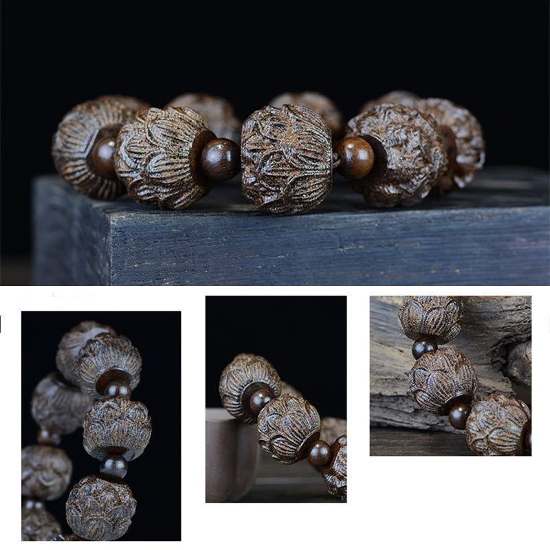 Bracelet d'équilibre gravé en bois d'ébène avec Buddha Stones et dragon de lotus des dix-huit arhats