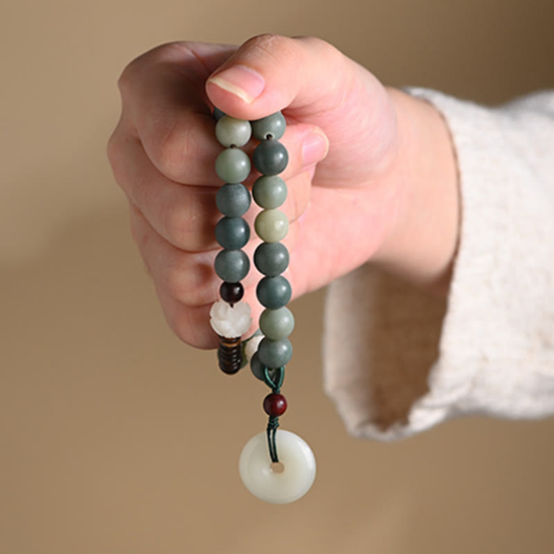 Bracelet double tour en jade et pierre de Buddha Stones avec boucle de paix et sagesse