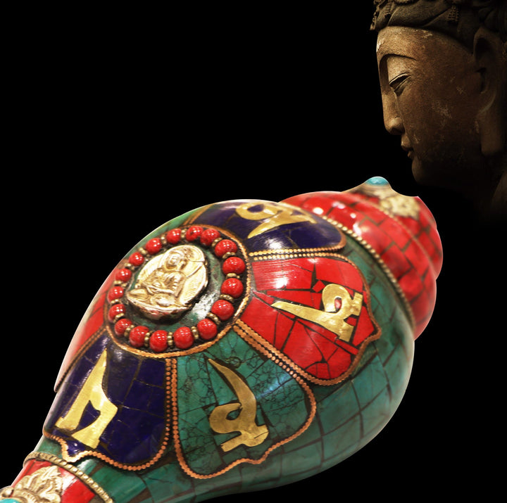 Décoration porte-bonheur tibétaine faite à la main, Shankha Om Mani Padme Hum, coquille de conque de bouddha - image 2