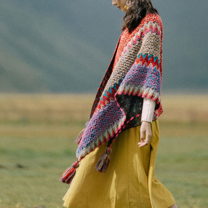 Buddha Stones, châle tibétain, cape chaude, écharpe tibétaine à pompons - image 4
