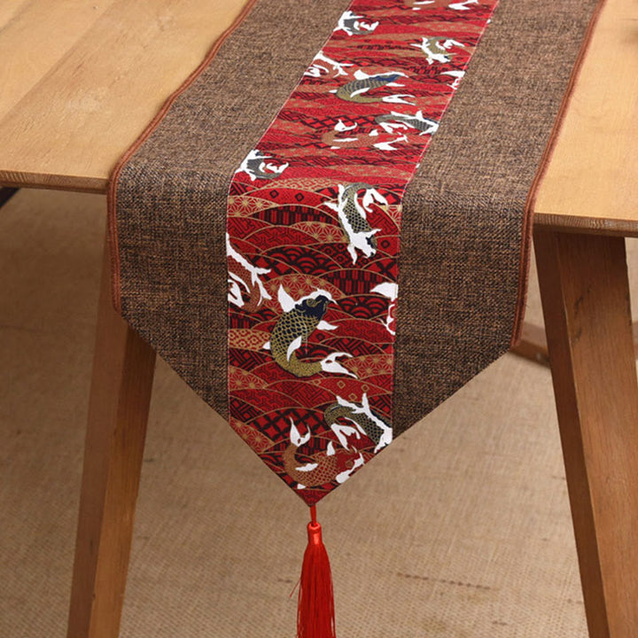Chemin de table en coton et lin avec pompons, Buddha Stones, style chinois classique, lotus, poisson koï, fleur, grue, calligraphie, illumination - Poisson koi brun-rouge - 30 x 180 cm - image 28
