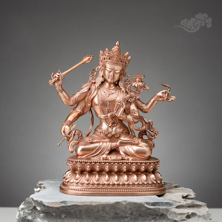 Figurine de Bodhisattva Manjusri à quatre bras Sérénité Statue en cuivre Décoration