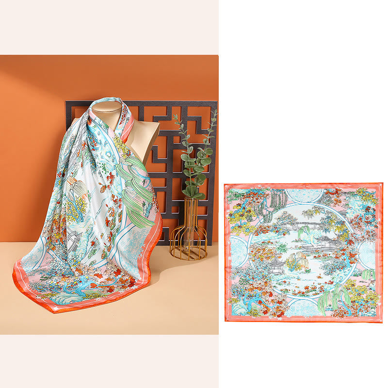 Foulard pour cheveux en soie de mûrier 100 % Buddha Stones et scène pastorale en montgolfière - Jardin Printemps-Orange Rose - image 24