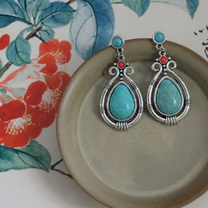 Boucles d'oreilles pendantes en forme de goutte d'eau turquoise vintage du Tibet