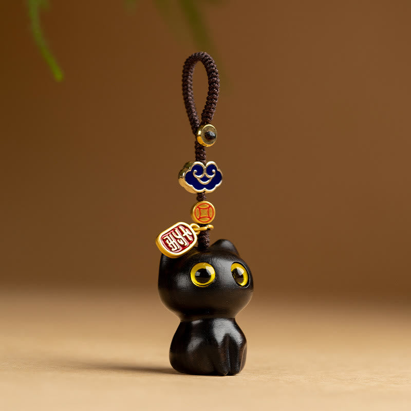 Porte-clés de protection en bois de santal rouge et ébène avec petites feuilles de Buddha Stones, porte-clés pour téléphone, décoration à suspendre - Chat ébène - Porte-clés - image 9