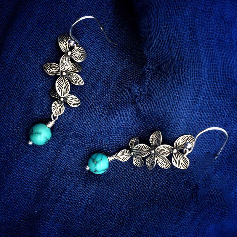 Boucles d'oreilles pendantes en argent sterling 925 avec Buddha Stones , turquoise, lazurite et lapis-lazuli, motif fleur et feuille, symbole de sérénité et de protection. - image 8