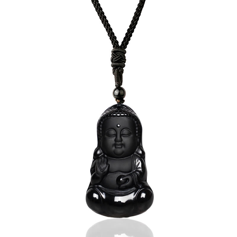 Collier pendentif porte-bonheur en Buddha Stones en cristal d'obsidienne noire naturelle, protection de la force du Bouddha, amulette - image 1