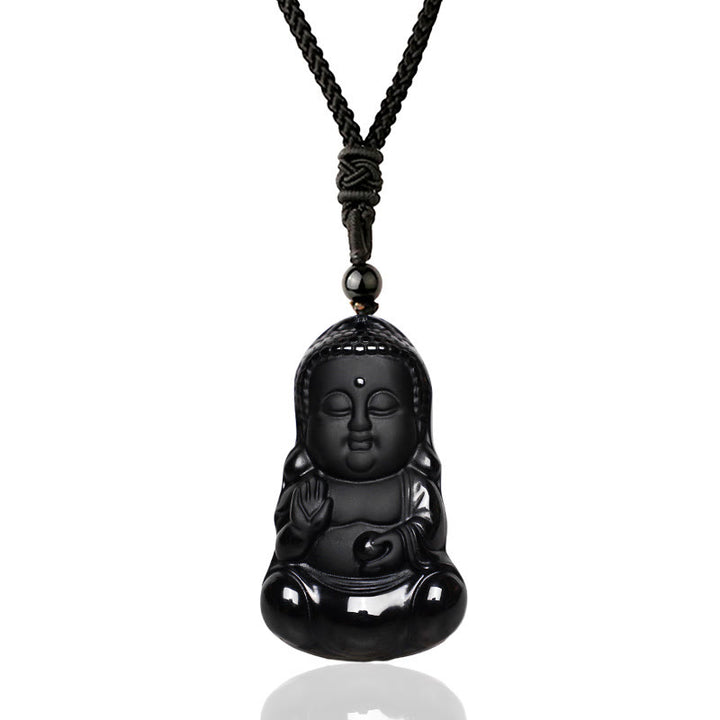 Collier pendentif porte-bonheur en Buddha Stones en cristal d'obsidienne noire naturelle, protection de la force du Bouddha, amulette - image 1