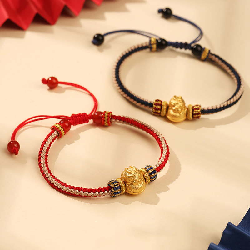 Bracelet tressé fait main en argent sterling 925 avec Buddha Stones et dragon porte-bonheur