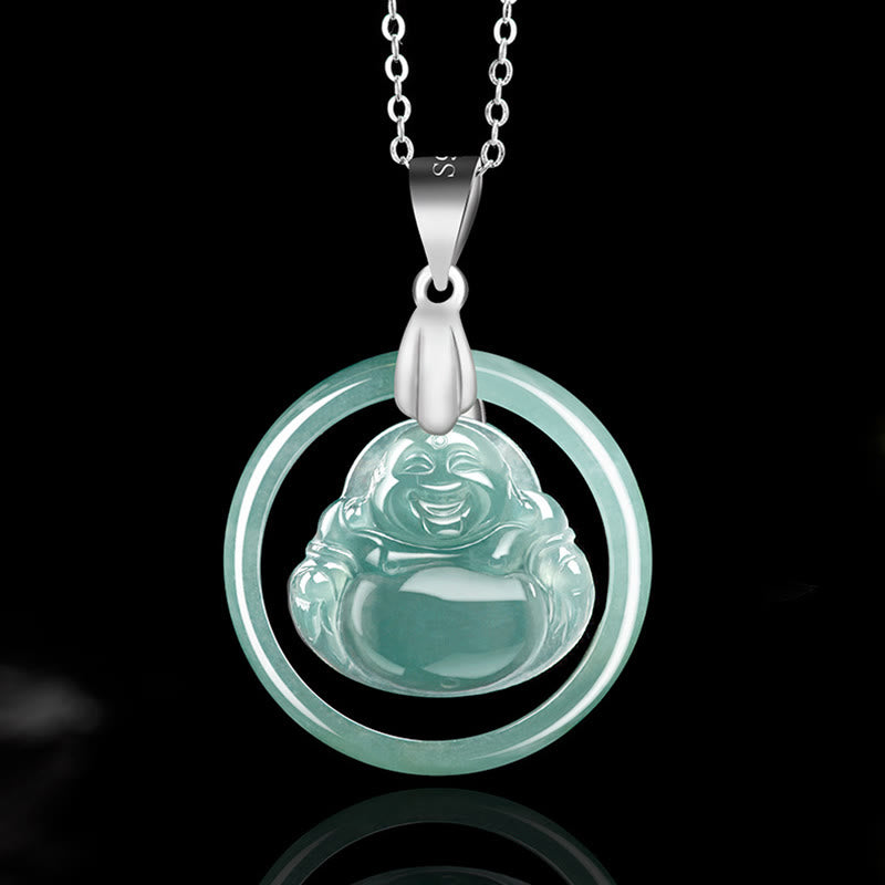 Collier pendentif rond en jade naturel représentant un Bouddha Buddha Stones, symbole d'abondance, avec chaîne en acier titane et pierres de Bouddha. - Bouddha rieur (Bonheur ♥ Richesse) - image 0