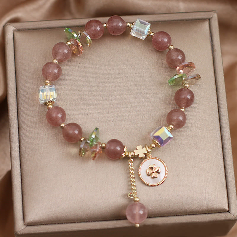 Bracelet porte-bonheur en quartz fraise et trèfle à quatre feuilles avec breloque de guérison et Buddha Stones