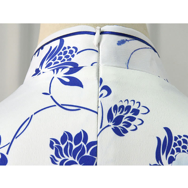 Robe Qipao pour femme en porcelaine bleue et blanche avec motif de fleurs de pivoine et pierres de Buddha Stones - image 11
